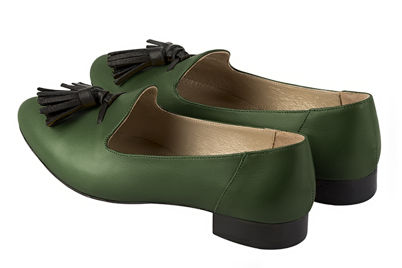 Forest green and satin black women's loafers with pompons. Round toe. Flat leather soles. Rear view - Florence KOOIJMAN